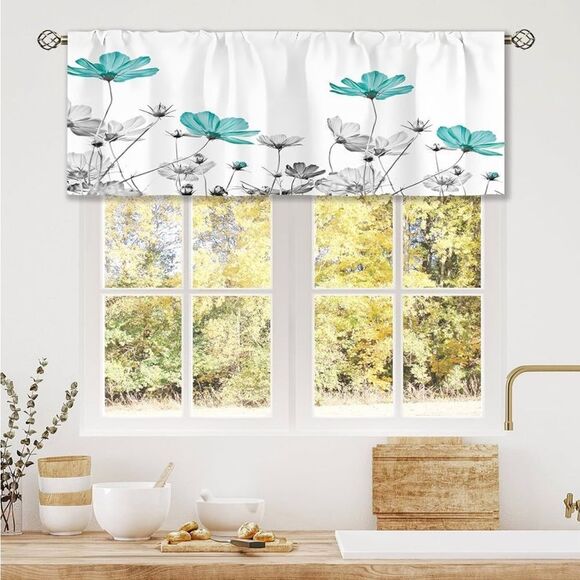 Laifzere Teal Grey Floral Curtain Valance For Window Treatments Rustic Aquo - Picture 1 of 4